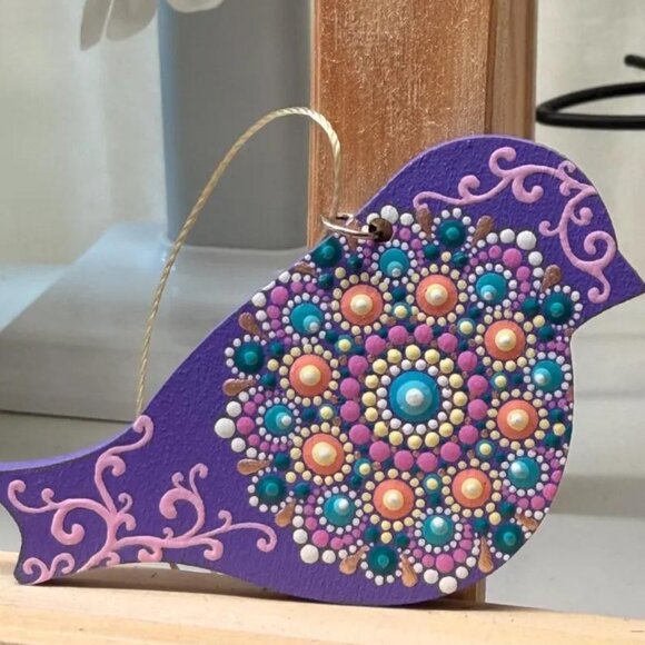 Bird Shaped Mandala Ornament Dot Art: Hand-Painted Acrylic Purple Ornament - Picture 3 of 6